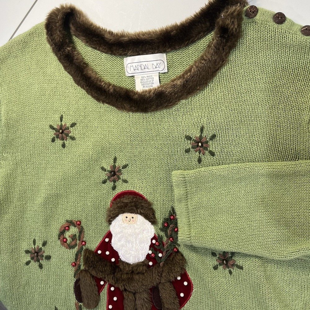Vtg Mandal Bay Sweater Womens XXL 2XL Green 3D Faux Fur Beaded Embroidered Santa